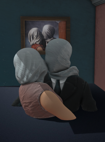 Interpretation of Magritte's famous painting, 'Les Amants', depicting a couple kissing while wearing a white fabric covering their faces.