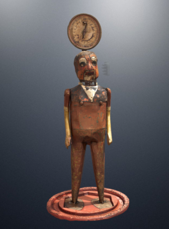 La tête à claque du musée des Arts Forains, à Paris. Il s'agit d'un automate fait de bois et de métal, qui servait jadis à se défouler, en lui donnant des claques! On pouvait également mesurer sa force, ce qui donnait lui à des concours. L'équipe de BavAR[t] l'a d'abord numérisée en 3D, puis a réparé numériquement son mécanisme pour lui redonner vie!